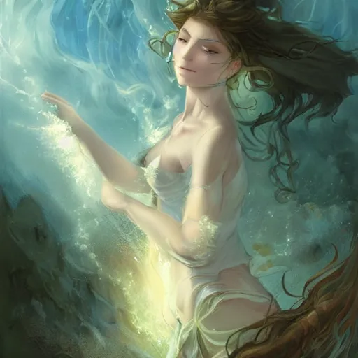 Image similar to beautiful fantasy, etherial, misty, glowing by gustave courbet and rossdraws and nasreddine dinet