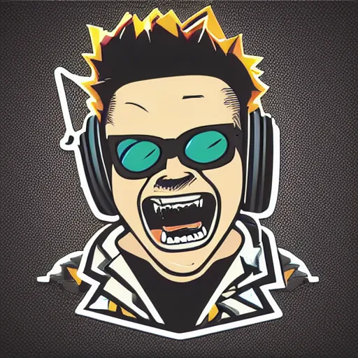 Image similar to svg vector sticker of absolutely insane-mad-scientist-villain, rocking out, wearing headphones, huge speakers, dancing, rave, DJ, spinning records, digital art, amazing composition, rule-of-thirds, award-winning, trending on artstation, featured on deviantart