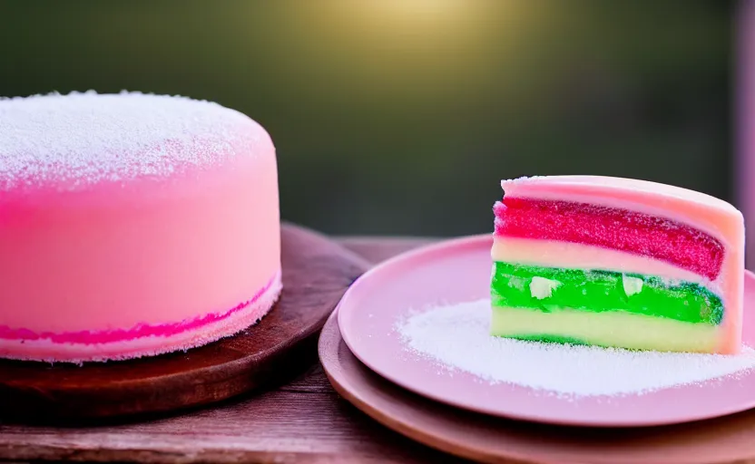 Image similar to A photo of a swedish princess cake from the side on a wooden table, covered with pink marzipan, some powder sugar and a green marzipan leaf in the center. Sunset. 4K. Cinematic lighting. High detail. Realistic. Delicious.