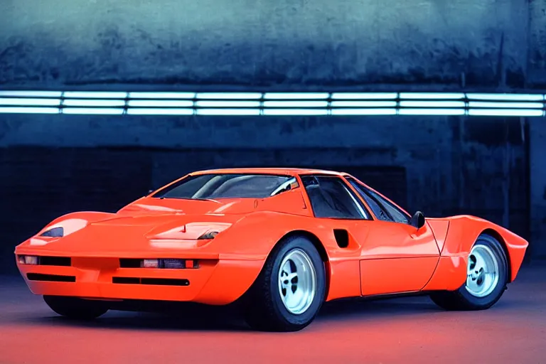 Prompt: studio photoshoot designed by giorgetto giugiaro of a single 1 9 8 8 fj 4 0 miura citroen dm bmw m 1, thick neon lights, ektachrome photograph, volumetric lighting, f 8 aperture, cinematic eastman 5 3 8 4 film