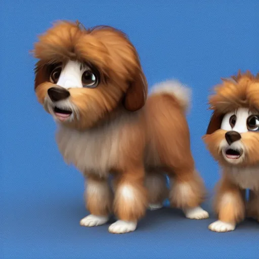 Prompt: a shaggy haired shitzu. cartoon cgi render. adorable. brown hair on their head. white hair on their body