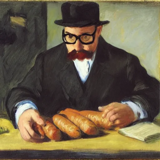 Prompt: an impressionist painting of a human - sized sausage studying, very focused at a desk next to a candle light, a sausage wearing glasses, in the style of manet