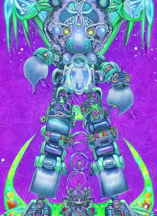 Image similar to a detailed digital art of a celtic knot oni demon koala mecha extraterrestrial wearing a raver outfit by lisa frank and cicely mary barker, taiyo matsumoto, myst, beeple, cgsociety, crisp, low angle shot