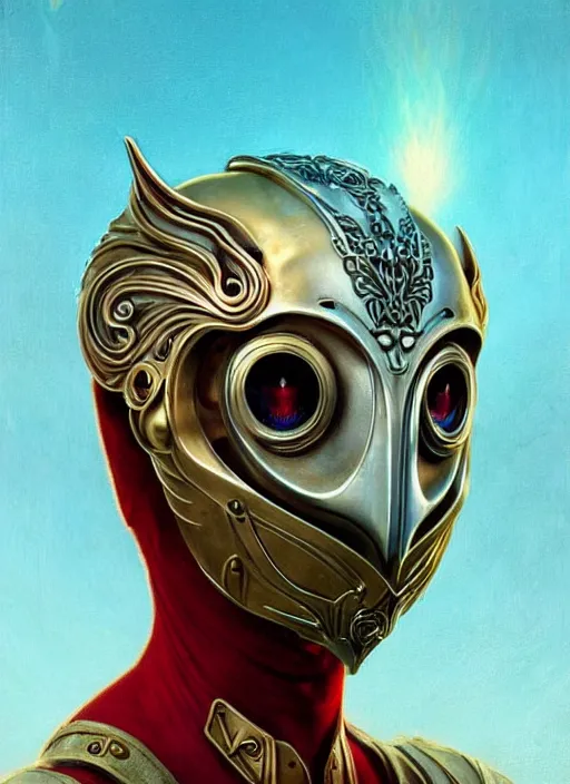 Image similar to the pale blond sun god apollo smirking, owl helmet, full body shot, steampunk, glowing eyes, volumetric lights, red and cyan theme, art nouveau botanicals, intricate, highly detailed, digital painting, artstation, concept art, smooth, sharp focus, cinematic, illustration, beautiful face, art by artgerm and greg rutkowski and alphonse mucha