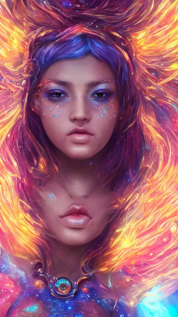 Image similar to highly detailed close up portrait of a celestial girl with a body made of cosmic energy, character art, studio lightning, bright colors, intricate, masterpiece, photorealistic, hiperrealistic, sharp focus, high contrast, Artstation HQ, DeviantArt trending, 4k UHD, Unreal Engine 5