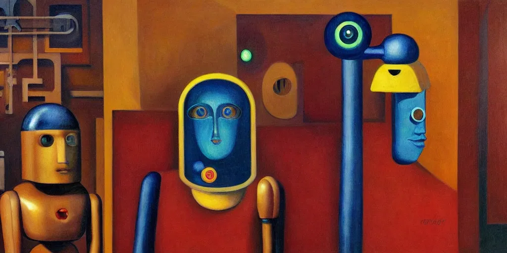 Image similar to super - intelligent robot with kind eyes portrait, lowbrow, pj crook, grant wood, edward hopper, oil on canvas