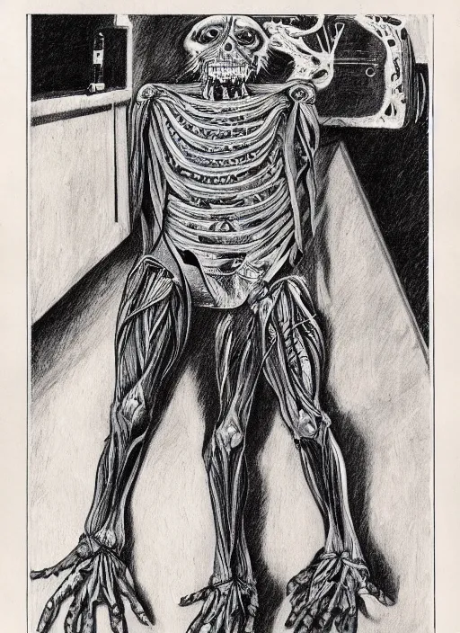 Prompt: full page scan of detailed vintage anatomical drawing of Stephen King as Jordy Verrill in Creepshow (1982), illustrated, intricate writing, highly detailed