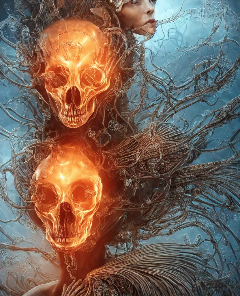 Image similar to close-up macro portrait of the face of a beautiful princess with animal skull mask, epic angle and pose ribcage skeleton, symmetrical artwork, 3d with depth of field, blurred background, cybernetic jellyfish female face skull phoenix bird, translucent, nautilus, energy flows of water and fire. a highly detailed epic cinematic concept art CG render. made in Maya, Blender and Photoshop, octane render, excellent composition, cinematic dystopian brutalist atmosphere, dynamic dramatic cinematic lighting, aesthetic, very inspirational, arthouse. y Greg Rutkowski, Ilya Kuvshinov, WLOP, Stanley Artgerm Lau, Ruan Jia and Fenghua Zhong