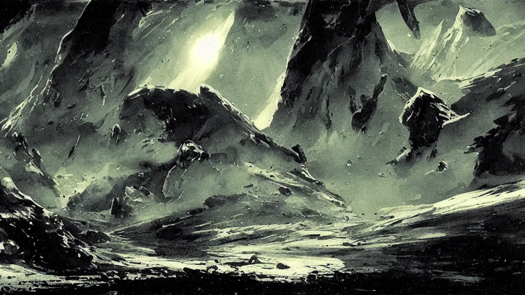 Prompt: a low gravity alien landscape illustrated by peder balke