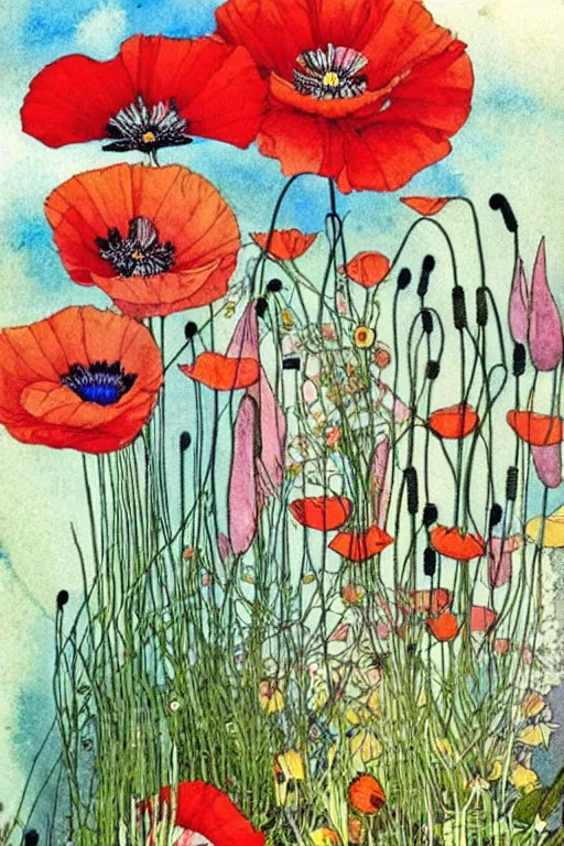 Prompt: beautiful colorful spring flowers and red poppies, detailed art by kay nielsen and walter crane, illustration style, watercolor