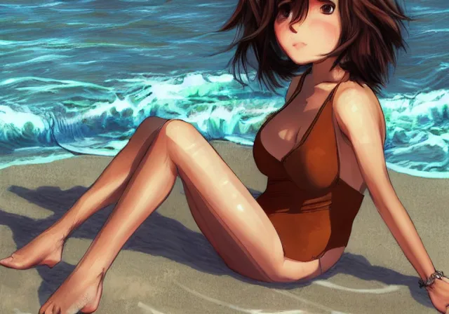 Image similar to A girl with short brown hair, wearing a swimsuit, laying on the beach drawn by WLOP, by Avetetsuya Studios, attractive character, colored sketch anime manga panel, trending on Artstation