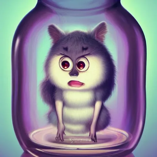 Image similar to cutie fluffy creature with big eyes in a jar, digital art, 3 d, octave render, masterpiece, mega detailed, pixar, disney, vivid illustration, cartoon, fantasy, by george stubbs, artgerm, in the style of ghibli kazuo oga, pastel fur