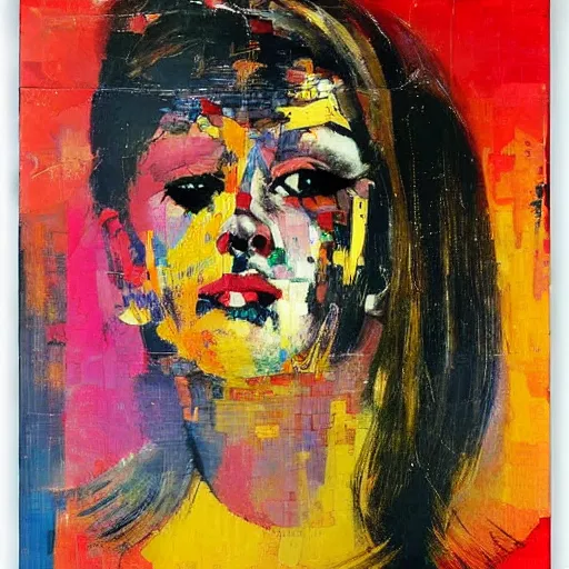 Prompt: portrait of a woman with long hair by mimmo rotella, colorful,