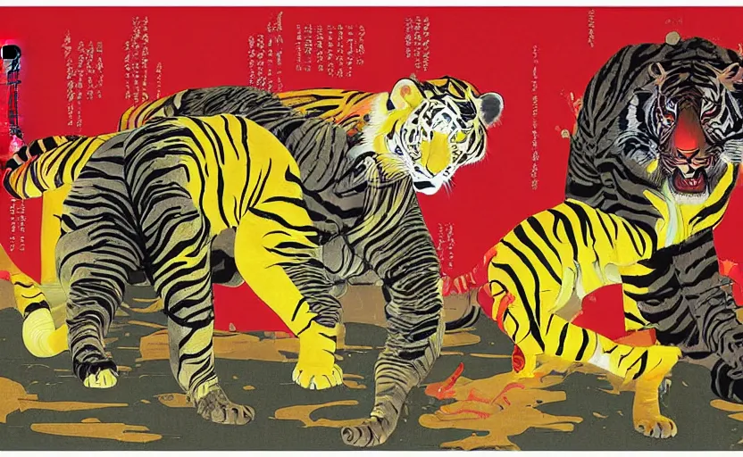 Image similar to a red delorean and a yellow tiger, painting by hsiao - ron cheng & utagawa kunisada, magazine collage style,