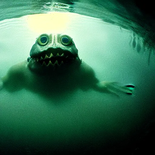 Image similar to sea monster about to eat pov underwater, pale skin, dark yellowish water, foggy water, dark, dramatic,'silent hill ', big eyes, alluring and terrifying, cinematic