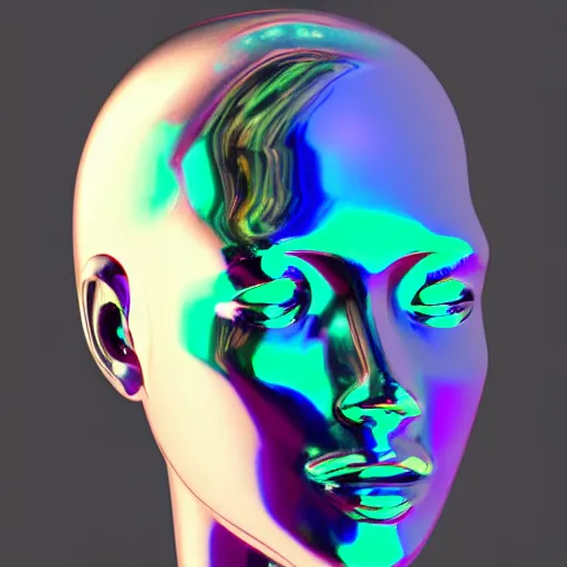 Image similar to 3d render of holographic human robotic head made of glossy iridescent, surrealistic 3d illustration of a human face non-binary, non binary model, 3d model human, cryengine, made of holographic texture, holographic material, holographic rainbow, concept of cyborg and artificial intelligence