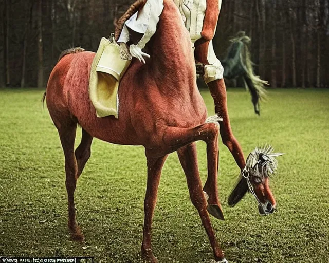 Prompt: incredible strange absurd artwork of two - legged horses, horses that have only two legs, horses walking like humans in the style of tim walker fashion photography, horses with no front legs