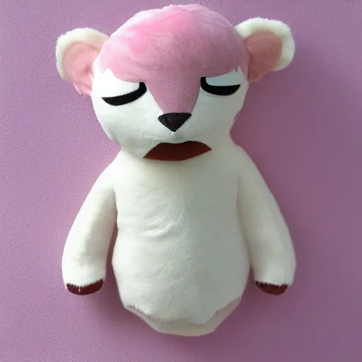 Image similar to a creepy white - and - pink coati plushie made with rough fabric and wearing a shirt