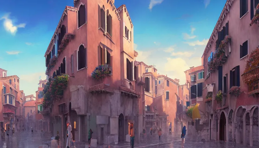 Image similar to A highly detailed matte painting of venice street with a bright shimmering sky by Studio Ghibli, Mokoto Shinkai, by Artgerm, by beeple, volumetric lighting, octane render, 4K resolution, trending on artstation, vivid colours