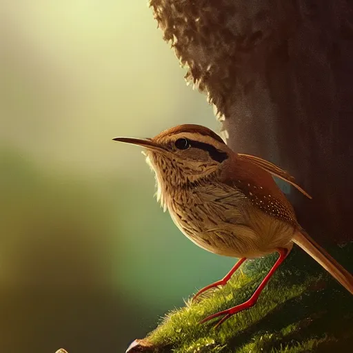 Image similar to closeup of a wren bird in avila, river edge, green fields, summer season, 4 k, midday light, concept art, by wlop, ilya kuvshinov, artgerm, krenz cushart, greg rutkowski, pixiv. cinematic dramatic atmosphere, sharp focus, volumetric lighting, cinematic lighting, studio quality