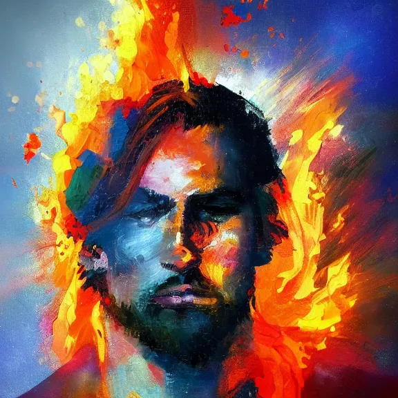 Prompt: abstract painting of man on fire. Handsome. Long hair. portrait. ArtStation. Impressionist