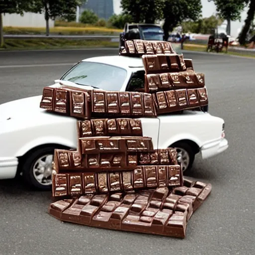 Prompt: a car made of chocolate bars, photo