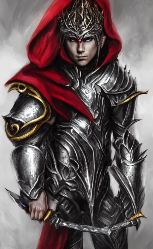 Image similar to A portrait of a male elf, 20 years old, short silver hair, red eyes, wearing a spiked black metal crown, black heavy armor with gold trim, and a red cape, lean but muscular, attractive, command presence, royalty, weathered face, smooth, sharp focus, illustration, concept art, highly detailed portrait, muscle definition, fantasy painting, ArtStation, ArtStation HQ