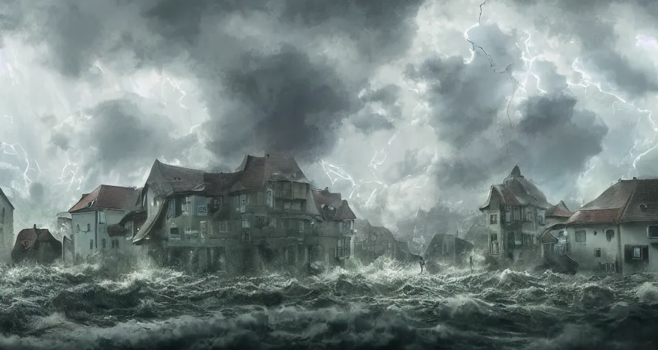 Prompt: dramatic landscape art of a german town being flooded during a thunderstorm, background art, concept art, dramatic lighting, trending on artstation, Studio Ghibli