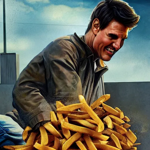 Prompt: tom cruise dressed as a construction worker planting fries in the ground, digital art, highly - detailed, artstation cgsociety masterpiece