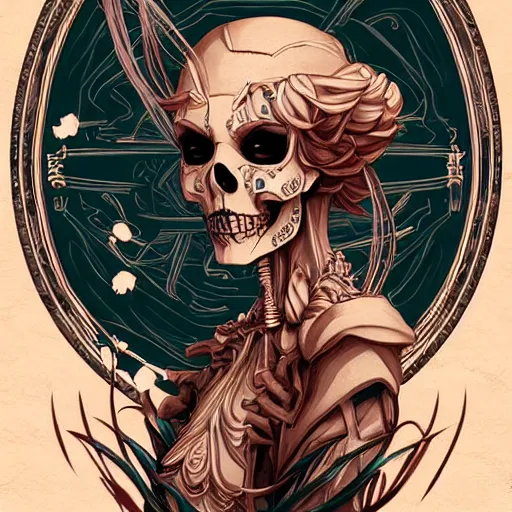 Prompt: anime manga skull profile young woman skeleton, elf, galadriel, astronaut , unreal engine, intricate, elegant, highly detailed, digital art, art by JC Leyendecker and sachin teng