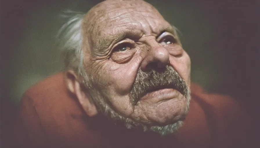 Prompt: movie still by tarkovsky portrait of an old man with trypophobia, cinestill 8 0 0 t 3 5 mm, heavy grain, high quality, high detail