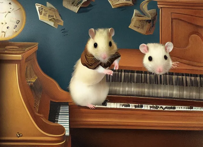 Prompt: a hamster playing piano, lowbrow in the style of camille rose garcia and mark ryden and salvador dali, 8 k, matte painting