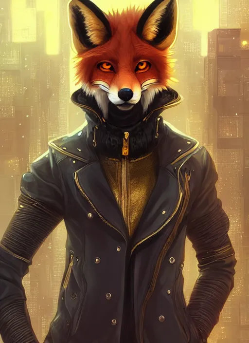 Image similar to award winning beautiful portrait commission of a male furry anthro melanated fox fursona with a tail and a cute beautiful attractive detailed furry face wearing stylish black and gold cyberpunk clothes in a cyberpunk city at night while it rains. Character design by charlie bowater, ross tran, artgerm, and makoto shinkai, detailed, inked, western comic book art