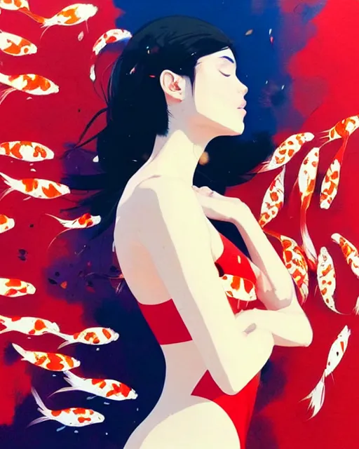 Prompt: a ultradetailed beautiful panting of a stylish woman surrounded by floating koi fish, by conrad roset, greg rutkowski and makoto shinkai, trending on artstation