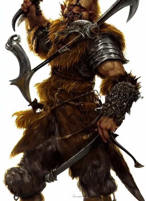 Image similar to photorealistic bugbear ranger holding sword on fire, magic, black beard, dungeons and dragons, pathfinder, roleplaying game art, hunters gear, jeweled ornate leather and steel armour, concept art, character design on white background, by sargent, norman rockwell, makoto shinkai, kim jung giu, artstation trending, poster art, colours red