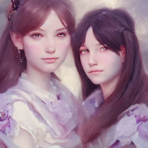 Image similar to a highly detailed portrait of sisters with purpure very very long hair, There are large snow-white peonies in the background, artstation, highly detailed, portrait, by krenz cushart