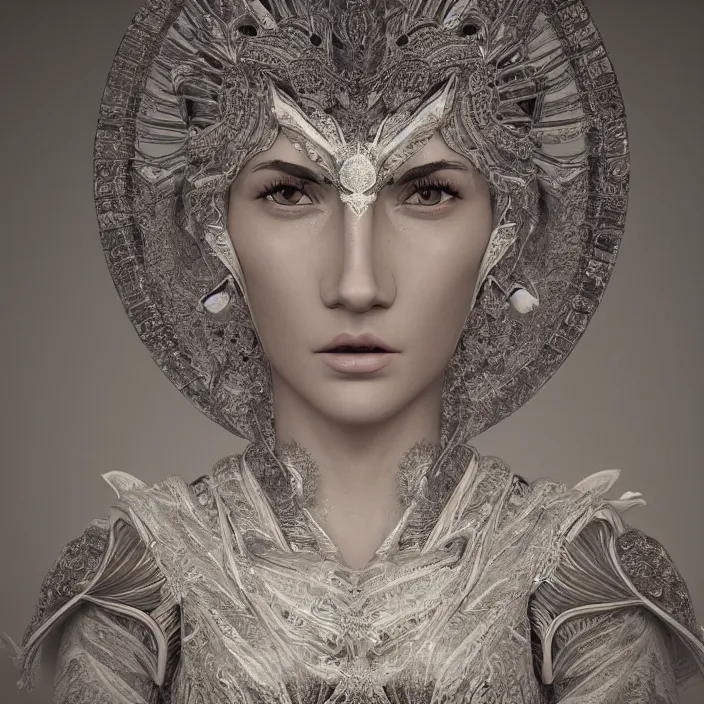 Prompt: a wonderful symmetrical portrait of goddes with a beautiful face dressed with a long white semi transparent and ornate cotton dress is walking in a sand, behind here there is a storm, one flash on top, one flash in front of her, artstation, octane render 8 k