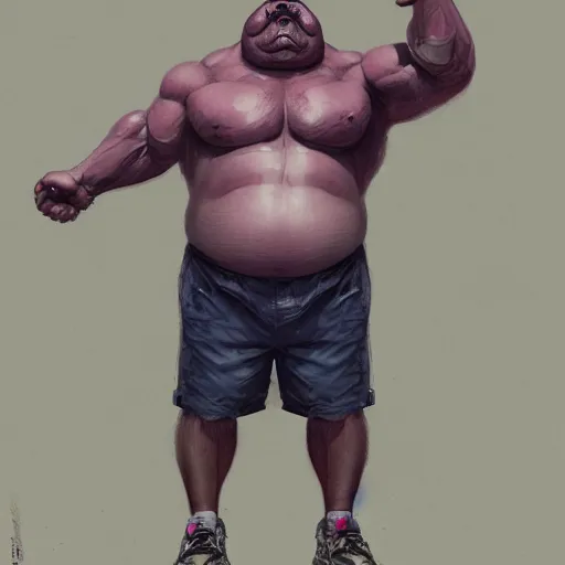 Prompt: fat dog, highly detailed, tall, very mad face, fat, serious, purple shorts, lazy, insanely muscular, ripped, shredded, beast, rain background, digital art, pixiv fanbox, artstation, by greg rutkowski, wlop