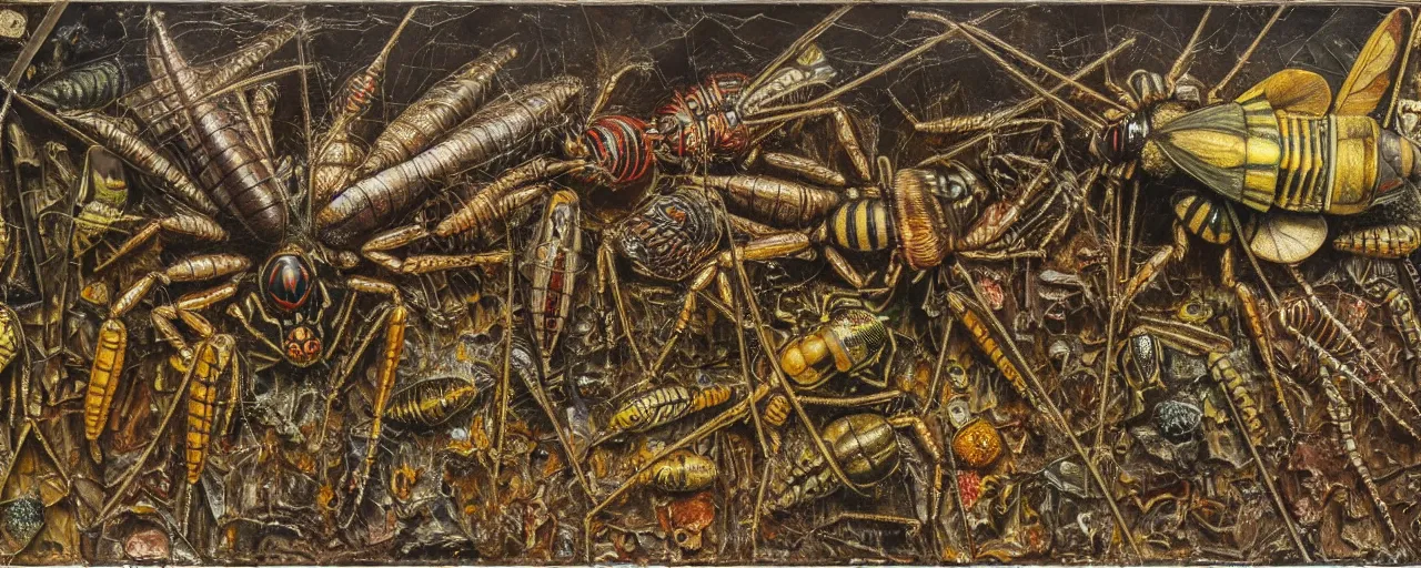 Image similar to strange giant insects, beetles, spiders, wasps, bees, maggots, locusts and flies, in a museum display case, oil painting by max ernst and anselm kiefer, decay, mixed media, textured, sharp focus, highly detailed, photographic emulsion cracked and peeling, rust, cinematic lighting, 8 k, hd