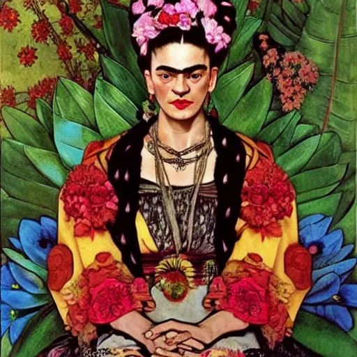 Image similar to frida kahlo dressed like an aztec empress surrounded by flowers, poster by alphons mucha
