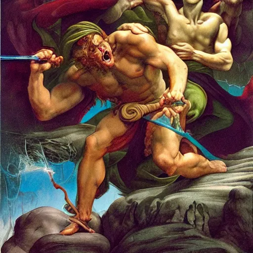 Image similar to unhinged revenge of the fierce but aesthetic Thebean terror by Jeff Easley and Michelangelo, fantastic reality, detailed and beautiful faces, dramatic lighting, establishing shot, 8k resolution – W 1024