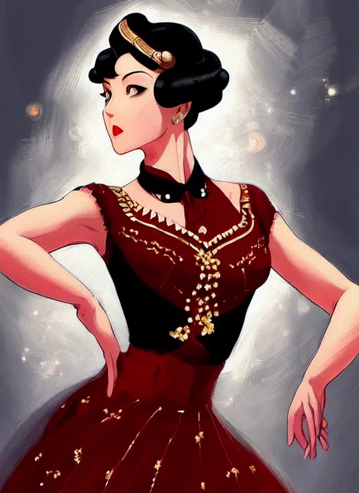 Prompt: a beautiful dancer with black hair in 1940's fashion, ballroom background, intricate, highly detailed, digital painting, artstation, official media, anime key visual, concept art, rich vivid colors, ambient lighting, sharp focus, illustration, art by Artgerm, Makoto Shinkai, Ilya Kuvshinov, Lois Van Baarle, and Rossdraws