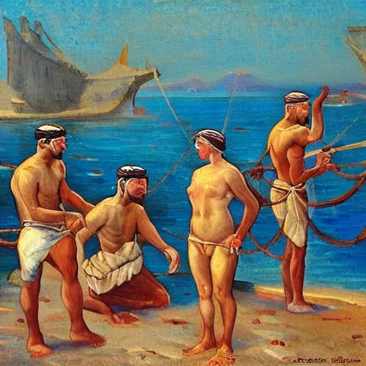 Image similar to pearl divers in the Arab Emirates in the early 20th centu oil painting style,