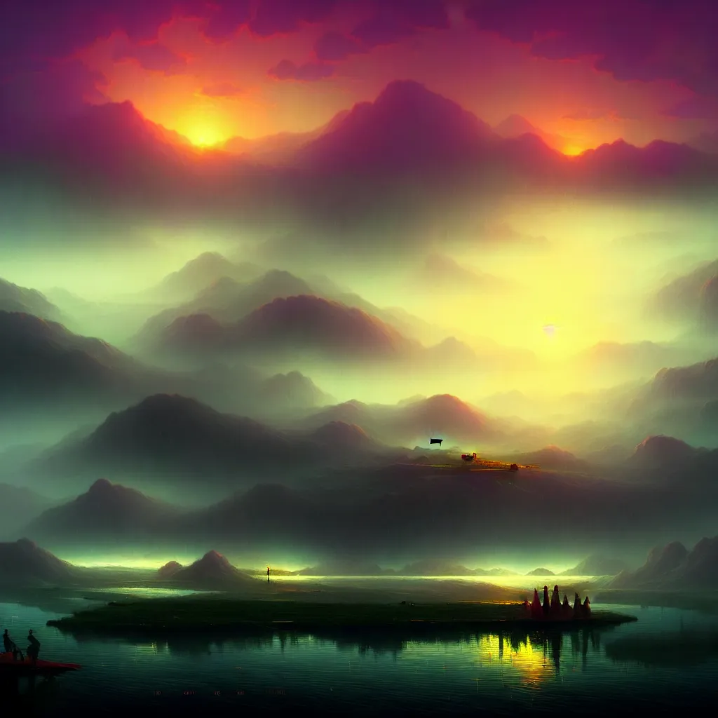 Image similar to a beautiful surreal landscape digital art of the loktak lake, in the style of dan mumford and Ivan Aivazovsky, in the background a futuristic cyberpunk city with lit windows is seen.