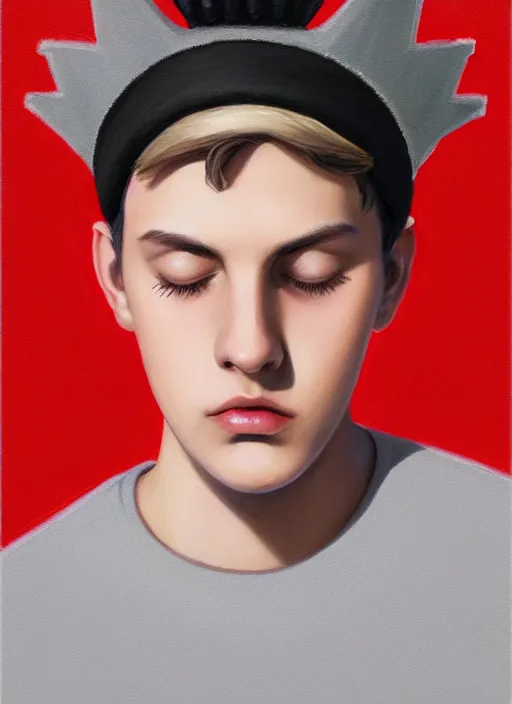 Image similar to portrait of teenage jughead jones wearing a light grey crown, photorealistic, crown, sweater with letter s on it, hamburger, eyes closed, crown, black hair, intricate, elegant, glowing lights, highly detailed, digital painting, artstation, concept art, smooth, sharp focus, illustration, art by wlop, mars ravelo and greg rutkowski