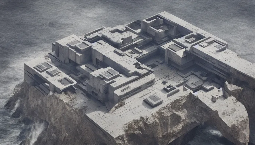 Image similar to big brutalist imperial military base on cliffs, drawing architecture, very long shot, top angle, imperial architecture in rogue one, pritzker architecture prize, brutalism architecture, jan urschel