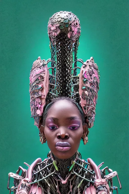 Image similar to hyperrealistic post - maximalist masterpiece super expressive! yoruba goddess with exoskeleton armor, merging with tree in a forest, highly detailed digital art cinematic, smooth cam de leon eric zener dramatic pearlescent soft teal pink light, ground angle hd 8 k, sharp focus