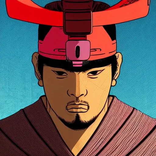 Prompt: a powerful japanese samurai wearing a tsutsu - haba, detailed face, highly detailed, face symmetry, character concept portrait by moebius and laurie greasley, colorful, profile picture, 8 k, cinematic color grading