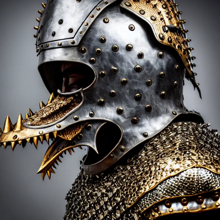 Image similar to photo of a man with metal crocodile themed armour and helmet, highly detailed, 4 k, hdr, smooth, sharp focus, high resolution, award - winning photo