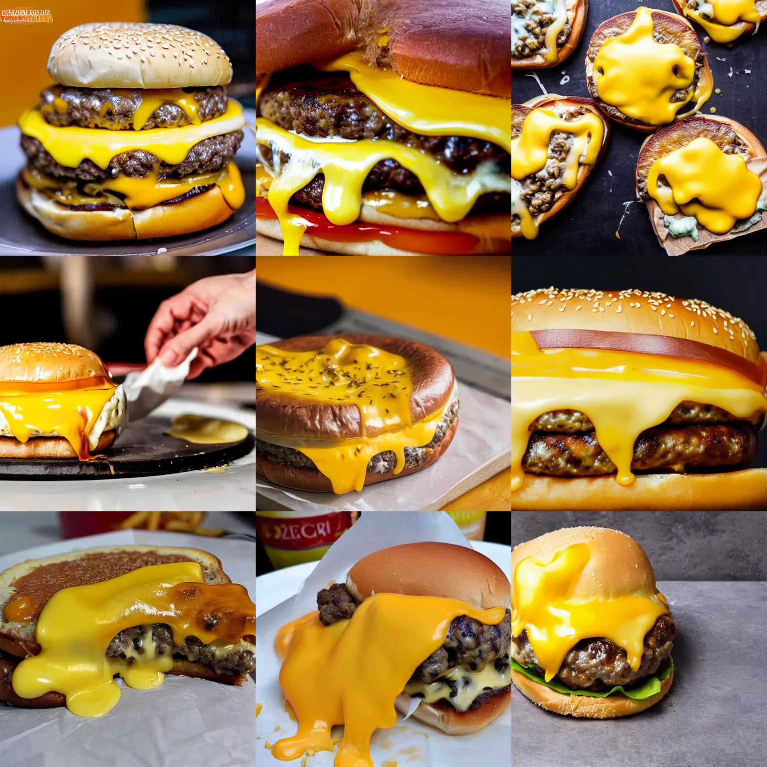 Image similar to cheeseburger with too much melted cheese, gooey cheese, overflowing cheese, cheese everywhere, puddle of cheese